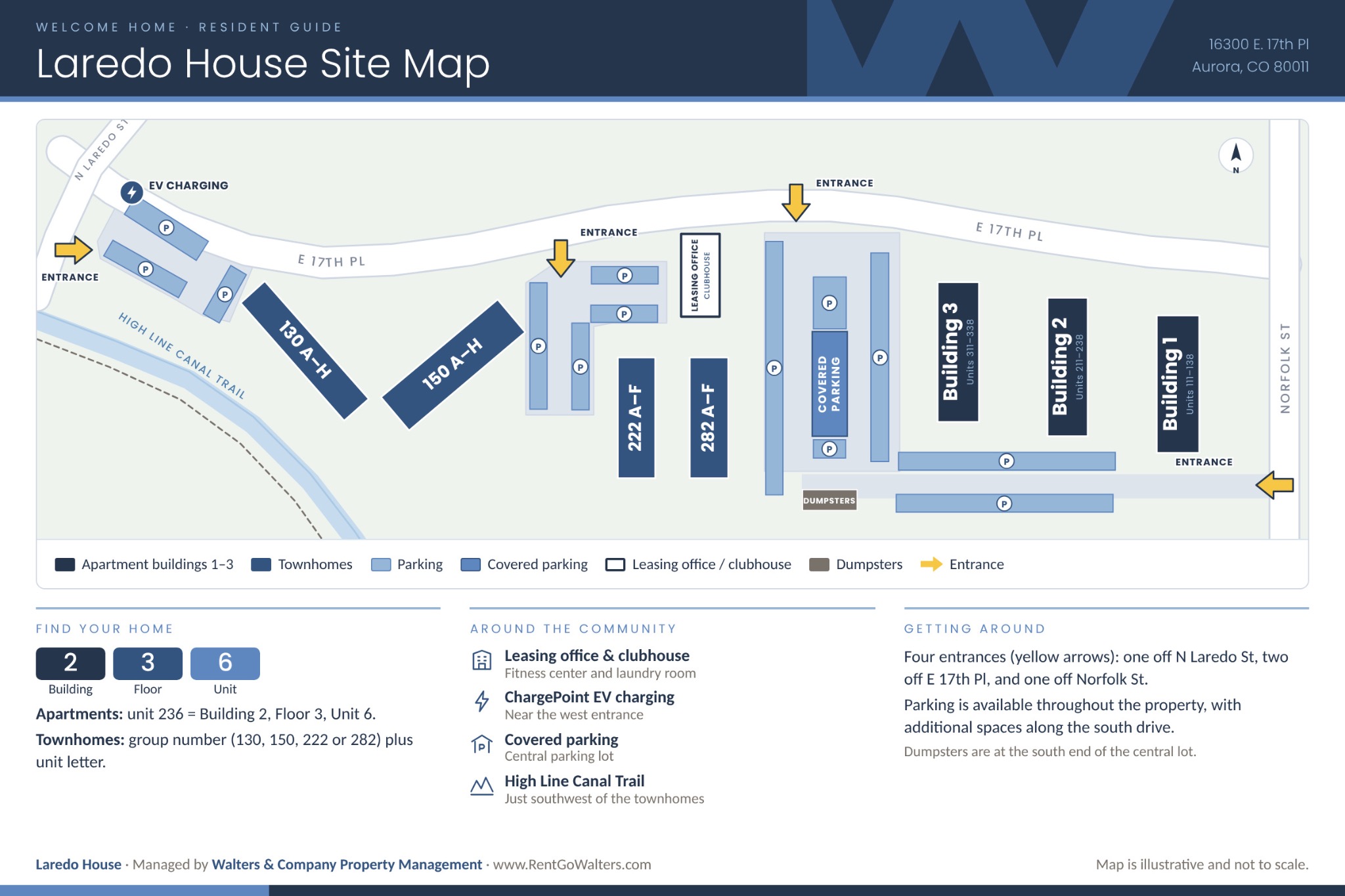 Laredo House community site map showing buildings, parking, clubhouse and entrances